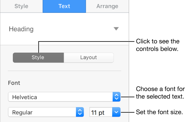 Text controls in the Style section of the sidebar for setting font and font size