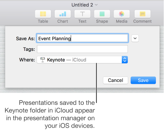The Save dialog for a presentation with Keynote—iCloud in the Where pop-up menu