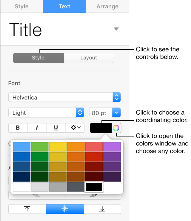 Controls for choosing predesigned colors or any color
