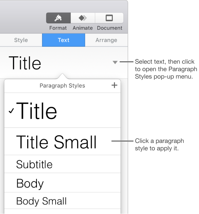The paragraph styles pop-up menu with a checkmark next to the selected style