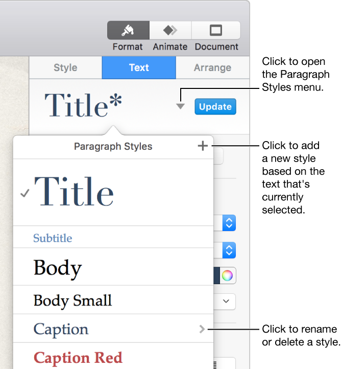 The Paragraph Styles pop-up menu, showing controls to add or change a style