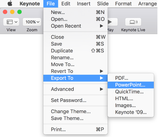 The File menu open with Export To selected and its submenu showing export options for PDF, PowerPoint, QuickTime, HTML, Images, and Keynote '09