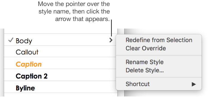 The paragraph styles pop-up menu with the shortcut menu open