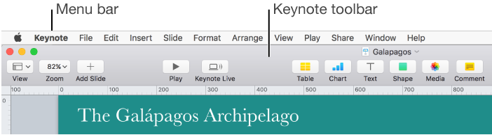 The Keynote toolbar with buttons for View, Zoom, Add Slide, Play, Keynote Live, Table, Chart, Text, Shape, Media, Comment, Collaborate, Tips, Format, Animate, and Document