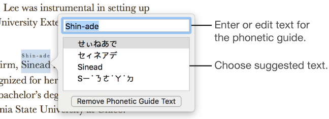 The phonetic guide open for a word, with callouts to the text field and suggested text