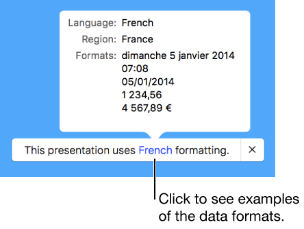 The notification of the different language and region setting, showing examples of the formatting in that language and region.