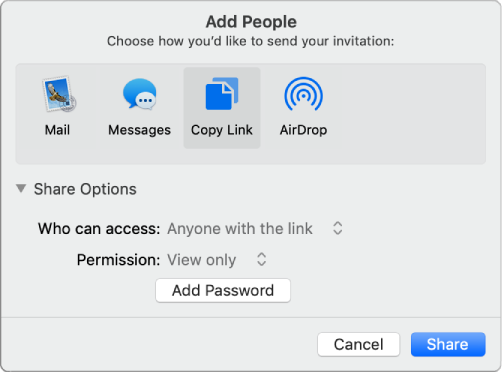 The Share Options section of the collaboration dialog open, with the “Who can access” and the “Permission” menus showing.