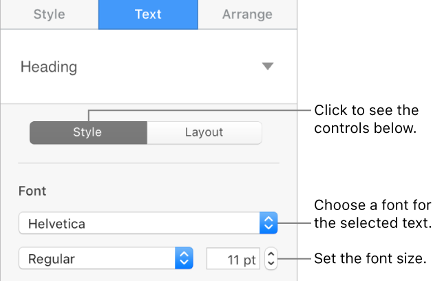 Text controls in the Style section of the sidebar for setting font and font size.