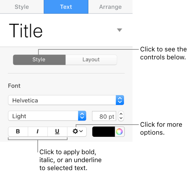The Style controls in the sidebar with callouts to the Bold, Italic, and Underline buttons.