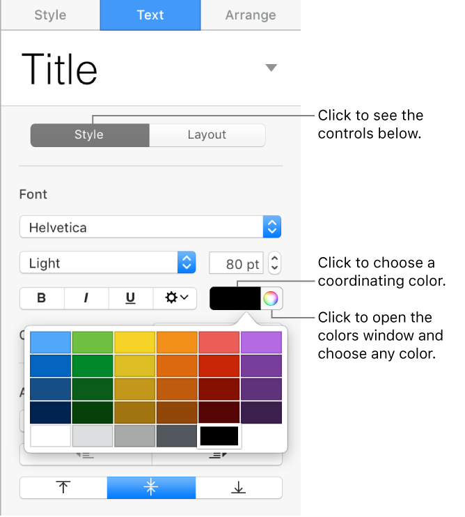 Controls for choosing predesigned colors or any color.