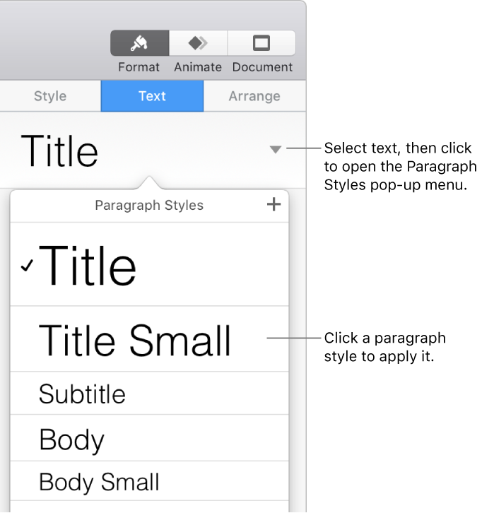 The paragraph styles pop-up menu with a checkmark next to the selected style.