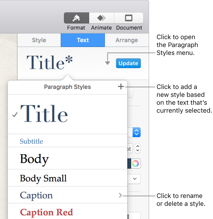 The Paragraph Styles pop-up menu, showing controls to add or change a style.