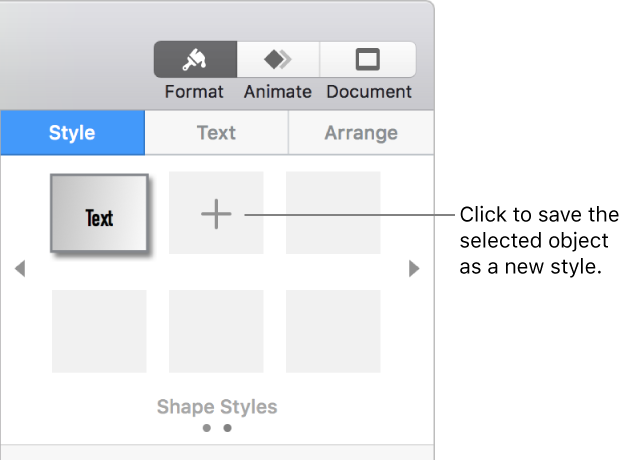 The Style pane of the Format sidebar with one text box style, a Create Style button to the right of it, and four empty style placeholders.