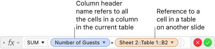 The Formula Editor showing a formula that refers to a column in one table and a cell in another table.
