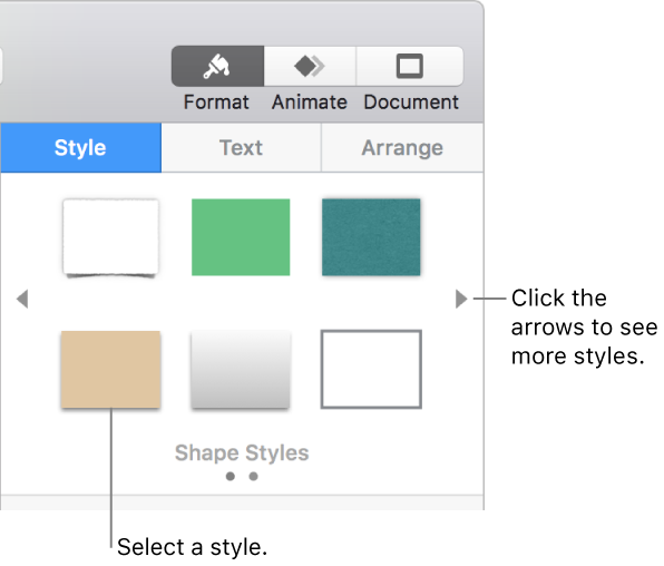 The Style pane of the Format sidebar with six object styles and navigation arrows on their left and right.