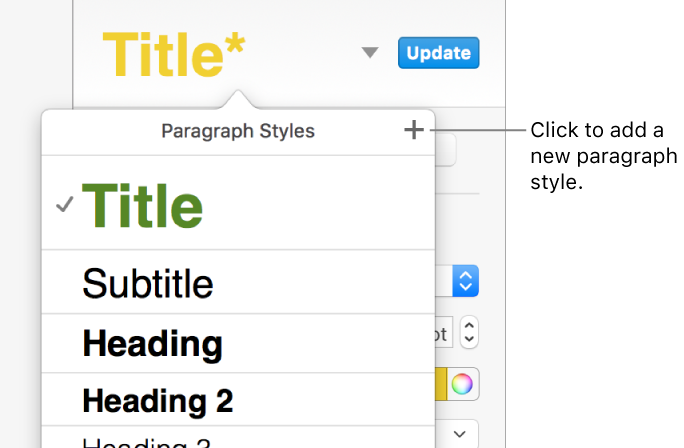 The paragraph styles pop-up menu with a callout to the New Style button.