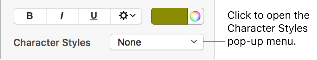 The Character Styles pop-up menu below controls for changing the text style and color.