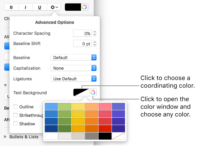 Controls for choosing a background color for text.