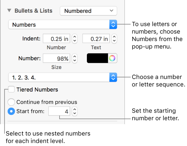 Controls for changing the number style and spacing of a list.