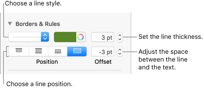 Controls to change the line style, thickness, position, and color.