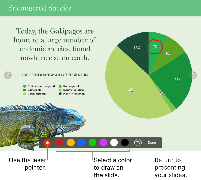 A slide in slide illustration mode showing the laser pointer and color selection controls.