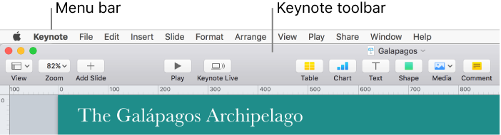 The menu bar at the top of the screen with Apple, Keynote, File, Edit, Insert, Format, Arrange, View, Share, Window, and Help menus. Below the menu bar is an open Keynote presentation with toolbar buttons across the top for View, Zoom, Add Slide, Play, Keynote Live, Table, Chart, Text, Shape, Media, and Comment.