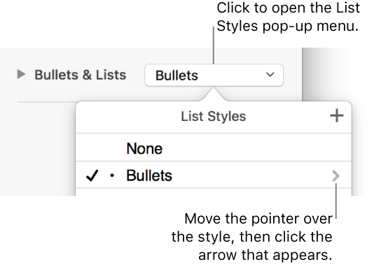The List Styles pop-up menu with one style selected and an arrow to its far right.