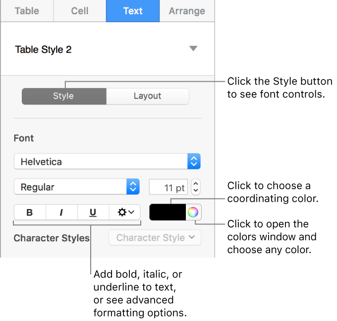 The controls for styling table text.