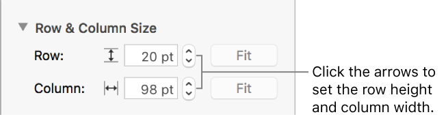 The controls for setting a precise row or column size.