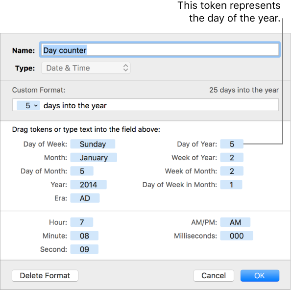 The custom cell format window with controls for creating a custom date and time format.