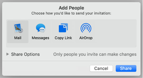 The collaboration settings window with a Share button at the bottom.