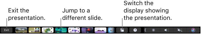 The MacBook Pro Touch Bar with presentation controls for exiting the presentation, jumping to different slides, and switching the presenter display.