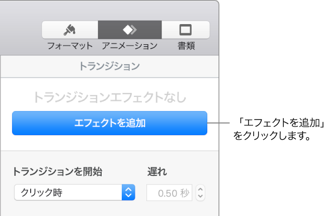 サイドバーの「アニメーション」セクションに表示されている「エフェクトを追加」ボタン。