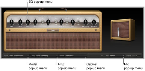 Figure. Amp Designer window with descriptons of pop-up menus.