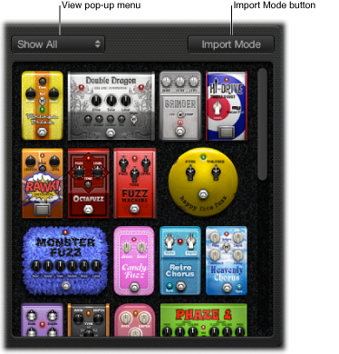 Figure. Pedal Browser, showing View pop-up menu and Import Mode button.