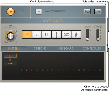 Figure. Arpeggiator window, showing main interface areas.
