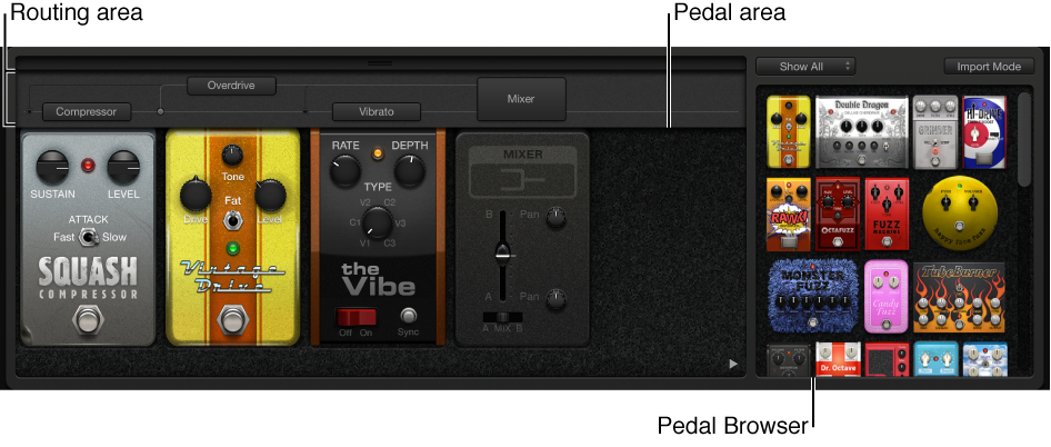 Figure. Pedalboard window, showing main interface areas.