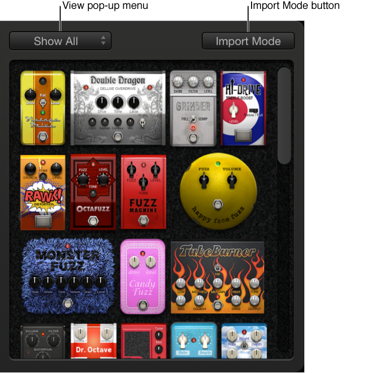 Figure. Pedal Browser, showing View pop-up menu and Import Mode button.
