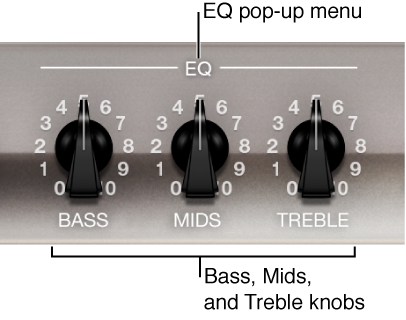 Figure. EQ pop-up menu and Bass, Mids, and Treble knobs.