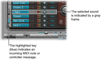 Figure. Assignment section, showing a selected sound and a triggered sound.