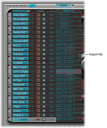 Figure. List of sounds in Assignment section and import list.