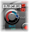 Figure. Cutoff knob, showing adjustment to Mod menu parameter value.