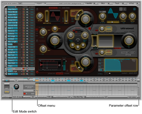 Figure. Step automation mode, showing all parameters that can be automated, and parameter offset row.
