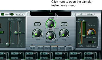 Figure. Sampler Instruments pop-up menu, open, showing menu items.