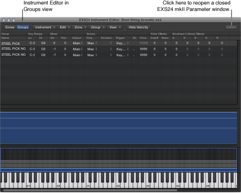 Figure. Instrument Editor showing Groups view.