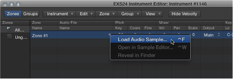 Figure. Pop-up menu showing Load Audio Sample.