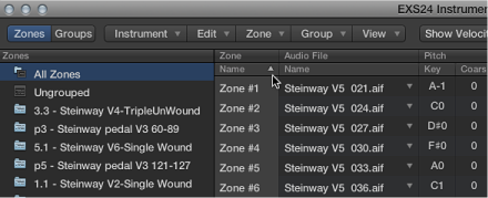 Figure. Instrument Editor showing Zone column being sorted.