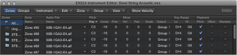 Figure. Instrument Editor showing zone parameter columns.