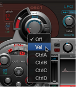 Figure. Oscillator 1 via modulation adjustment and pop-up menu.