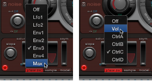 Figure. Oscillator 2 saturaion mod and via pop-up menus.